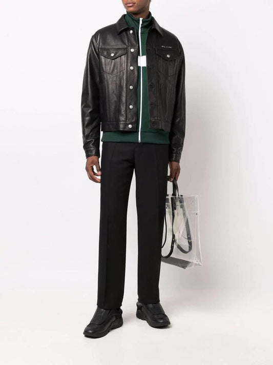 Black calf leather trucker jacket