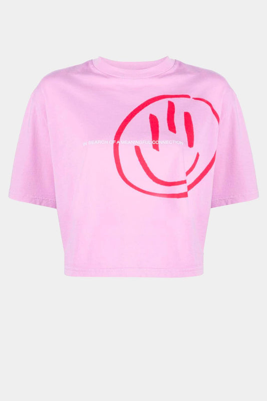 Pink cotton cropped t-shirt with "Smiley" print