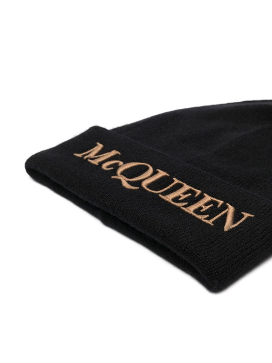 Alexander McQueen Black Cashmere Bonnet with embroidered logo