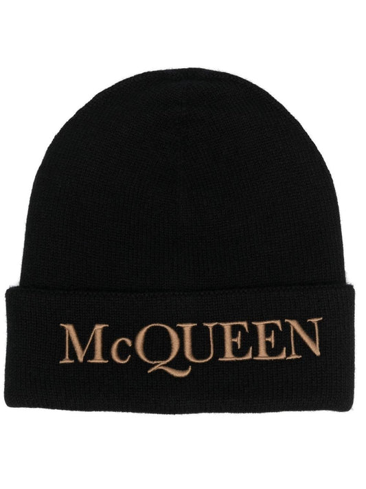 Alexander McQueen Black Cashmere Bonnet with embroidered logo