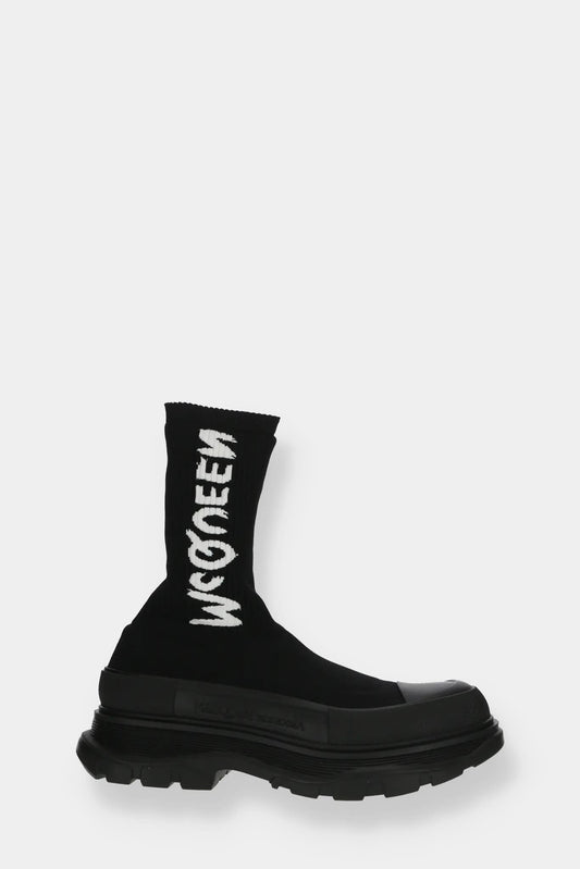 Alexander McQueen Boots Tread Slick Black In Maille Logo Graffiti Blanc