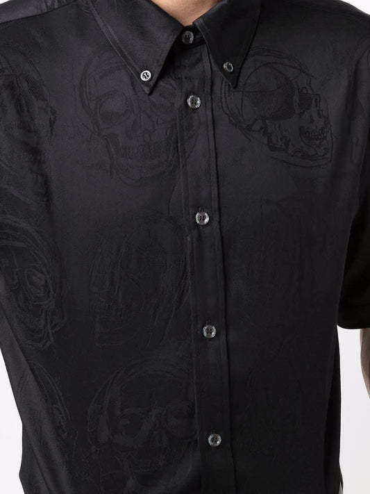 Alexander McQueen Chemise en coton noir à imprimé brodé ton sur ton - LECLAIREUR