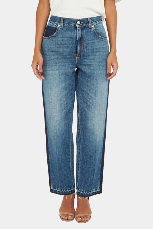 Blue cotton boyfriend jeans with tobacco stitching