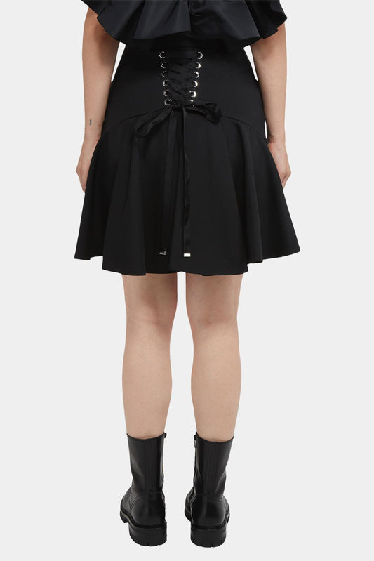 Black wool mini skirt with corset lacing at the back