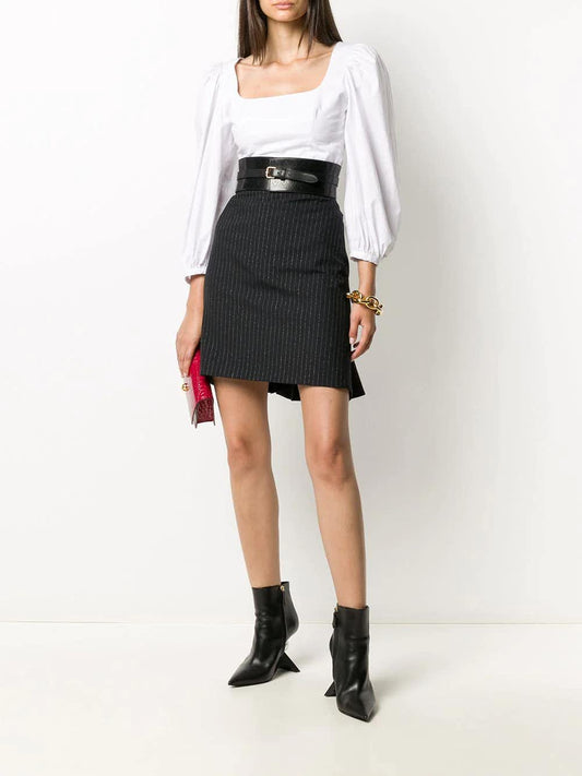 Black wool striped mini skirt