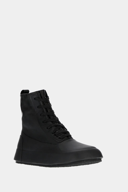 Black vulcanized high top sneakers with rectangular toe