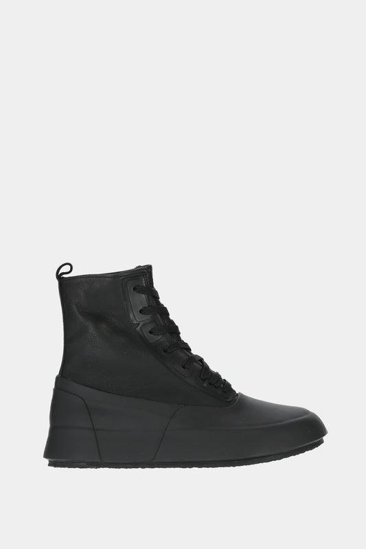 Black vulcanized high top sneakers with rectangular toe