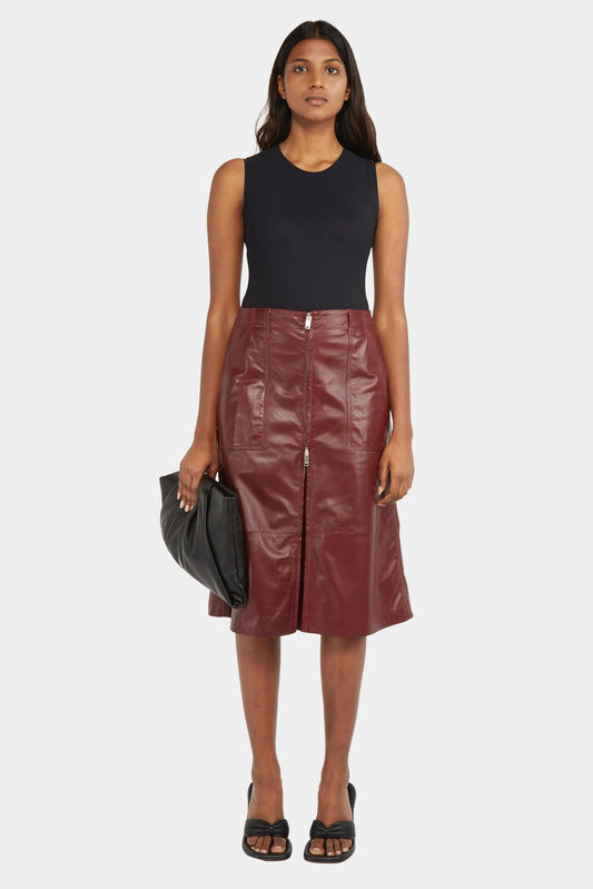 Burgundy leather mid-length skirt