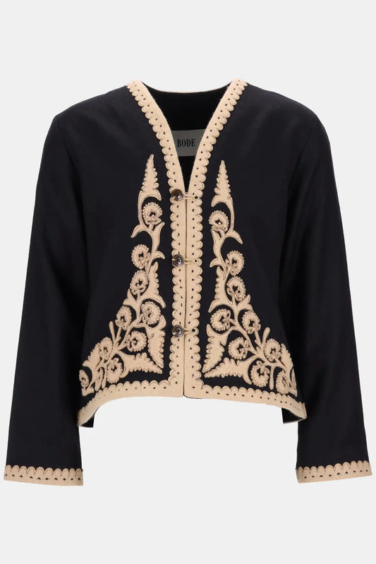 Bode "MYRTLE FLOWER" jacket in black merino wool