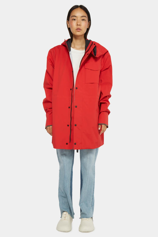 Red parka with logo patch