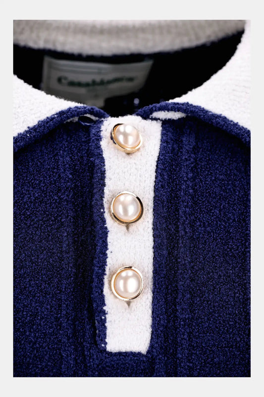 Casablanca Polo en maille nervurée bleue à logo poitrine - LECLAIREUR