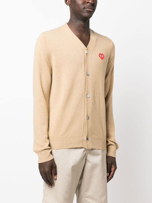 Comme Des Garçons Play Beige wool cardigan with embroidered logo