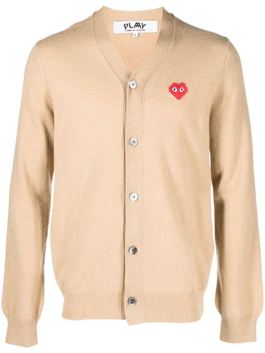 Comme Des Garçons Play Beige wool cardigan with embroidered logo
