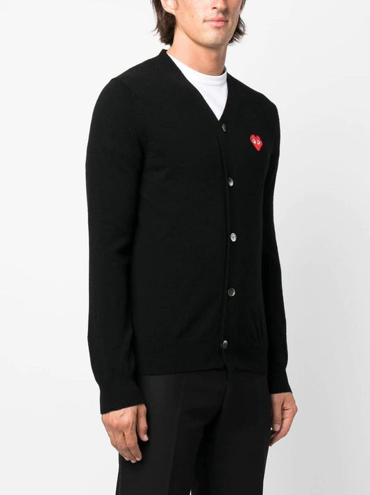 Comme Des Garçons Play Cardigan in black wool with embroidered logo