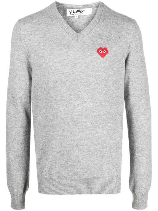 Comme Des Garçons Play Grey wool sweater with embroidered logo