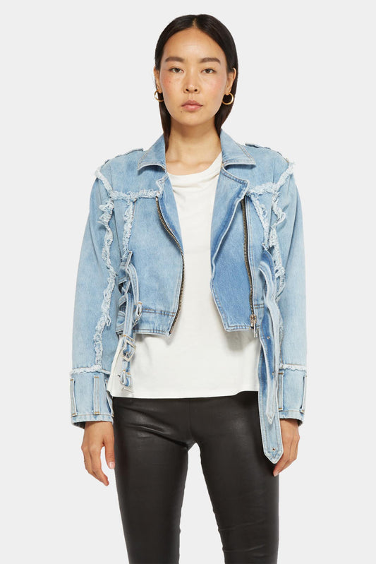 Denim cropped jacket with zipper design