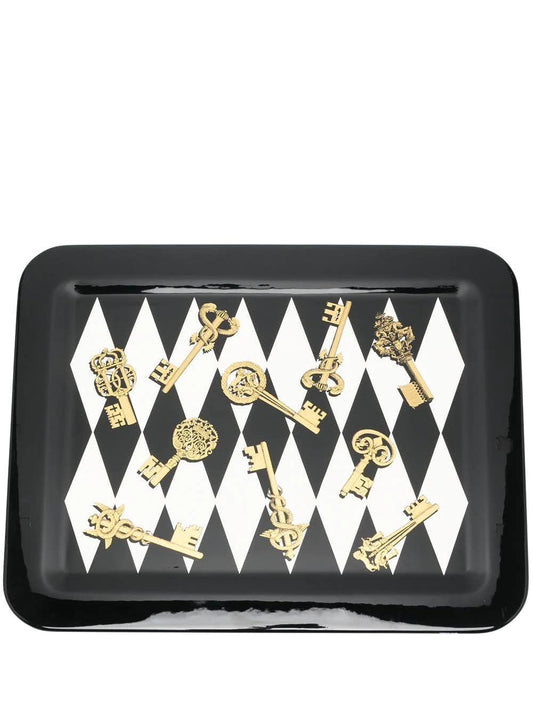 Fornasetti Rectangular tray "Chiavi Gold and Rhombi