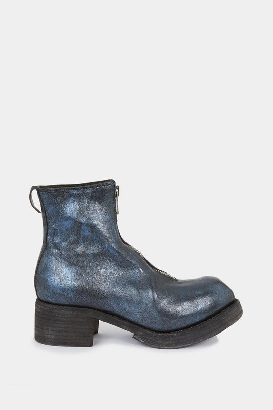 Blue metalized leather heeled ankle boots