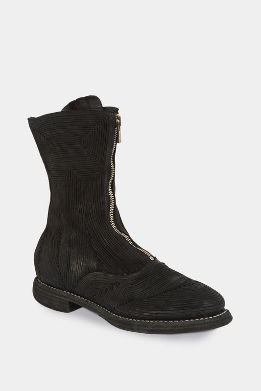 Black leather ankle boots with stitching overlay details