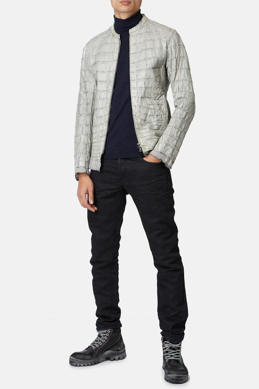 Isaac Sellam Blouson en cuir de crocodile gris clair Brutal - LECLAIREUR