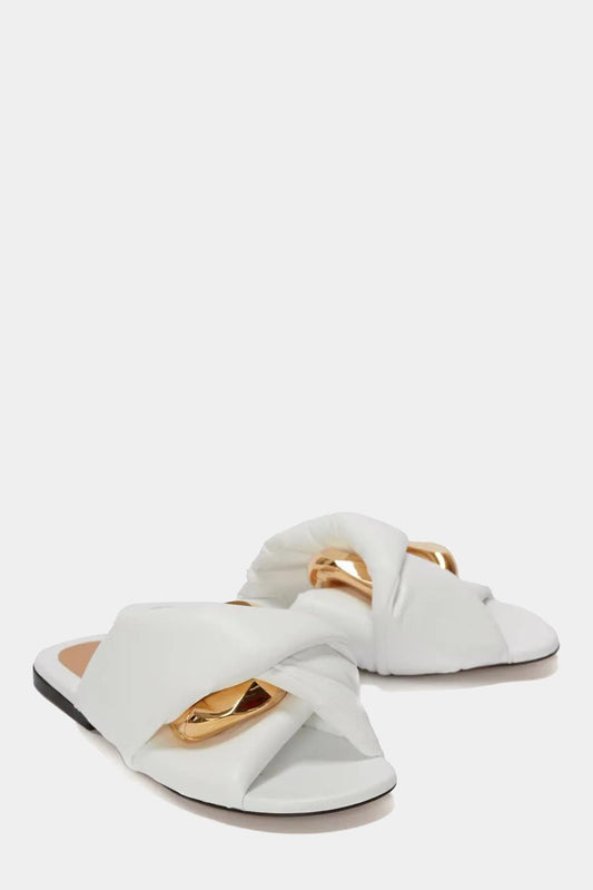 White leather mules with gold metal chain detail