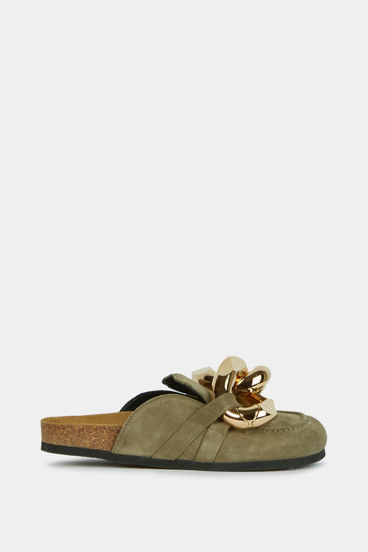 Kaki suede mules with chain detail