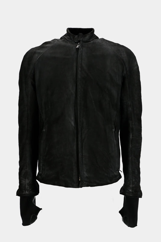 Black calf leather jacket with distressed effect