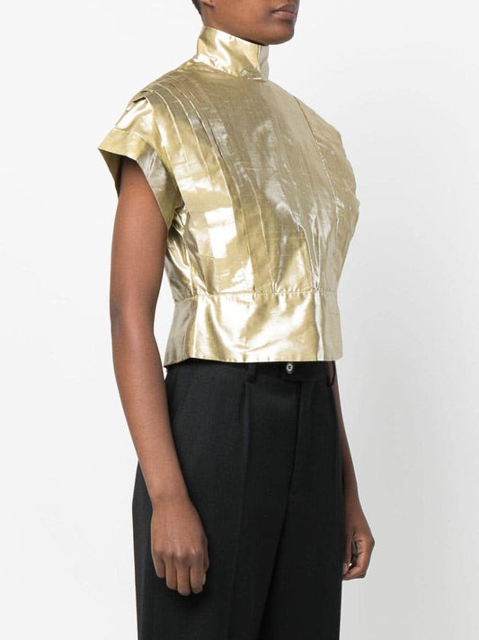 Lukhanyo Mdingi Short-sleeved gold silk top