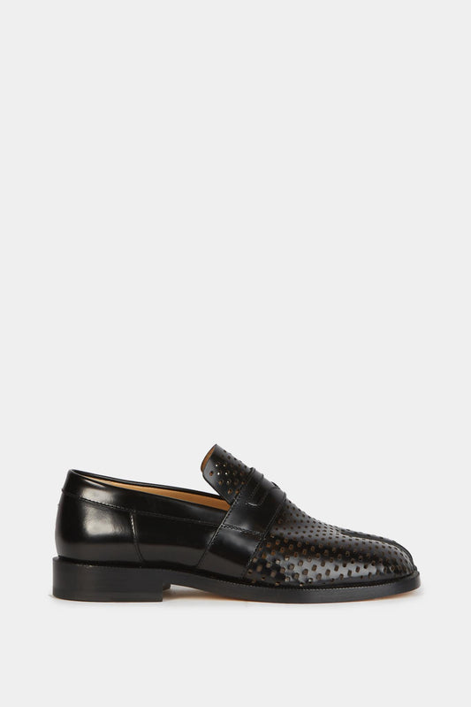 Black leather perforated loafers