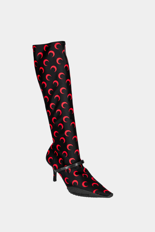 Red boots with crescent moon print