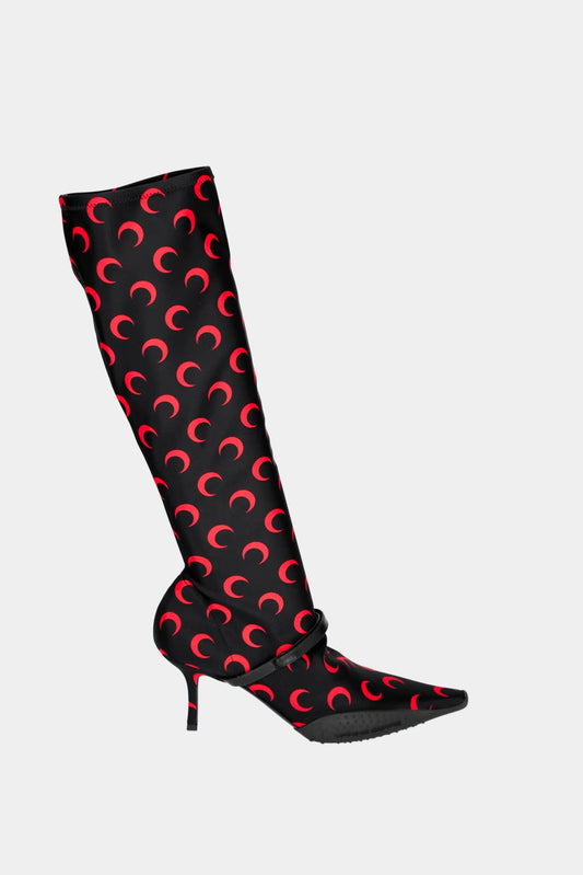 Red boots with crescent moon print