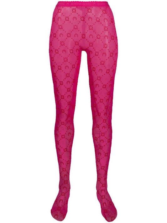 Marine Serre Tights "Recycled" in pink monogrammed mesh with an increasing moon print