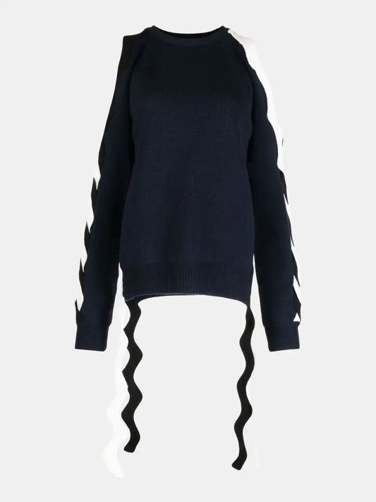 Monse Pullover in navy blue wool with openwork shoulders