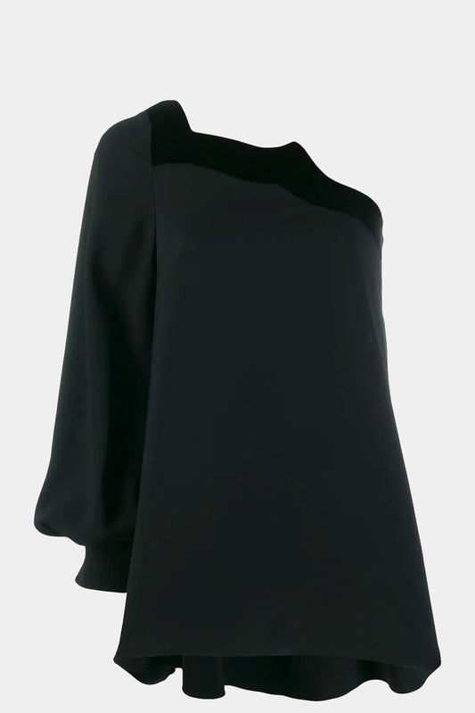 Black silk one-shoulder draped blouse