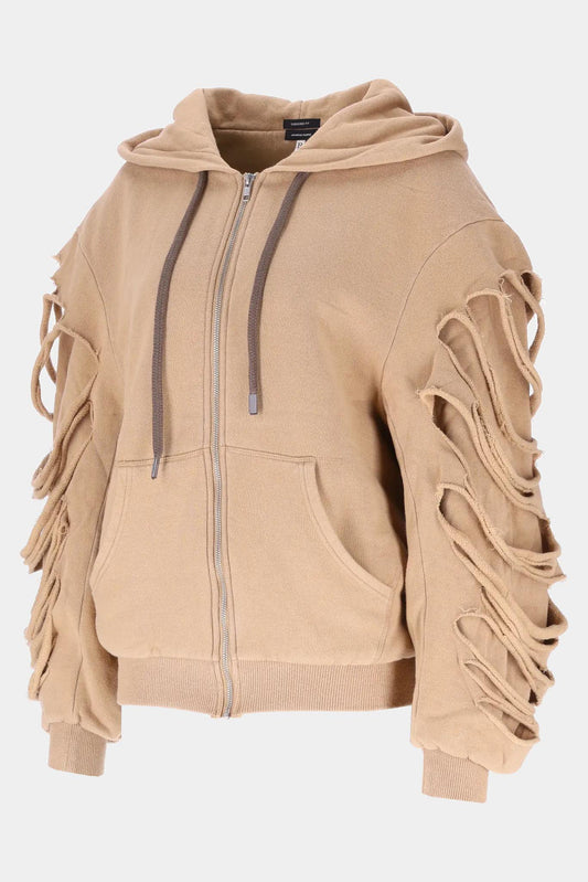 R13 "DBL LAYER SLASHED OVERSIZED ZIP HOODIE" in beige cotton